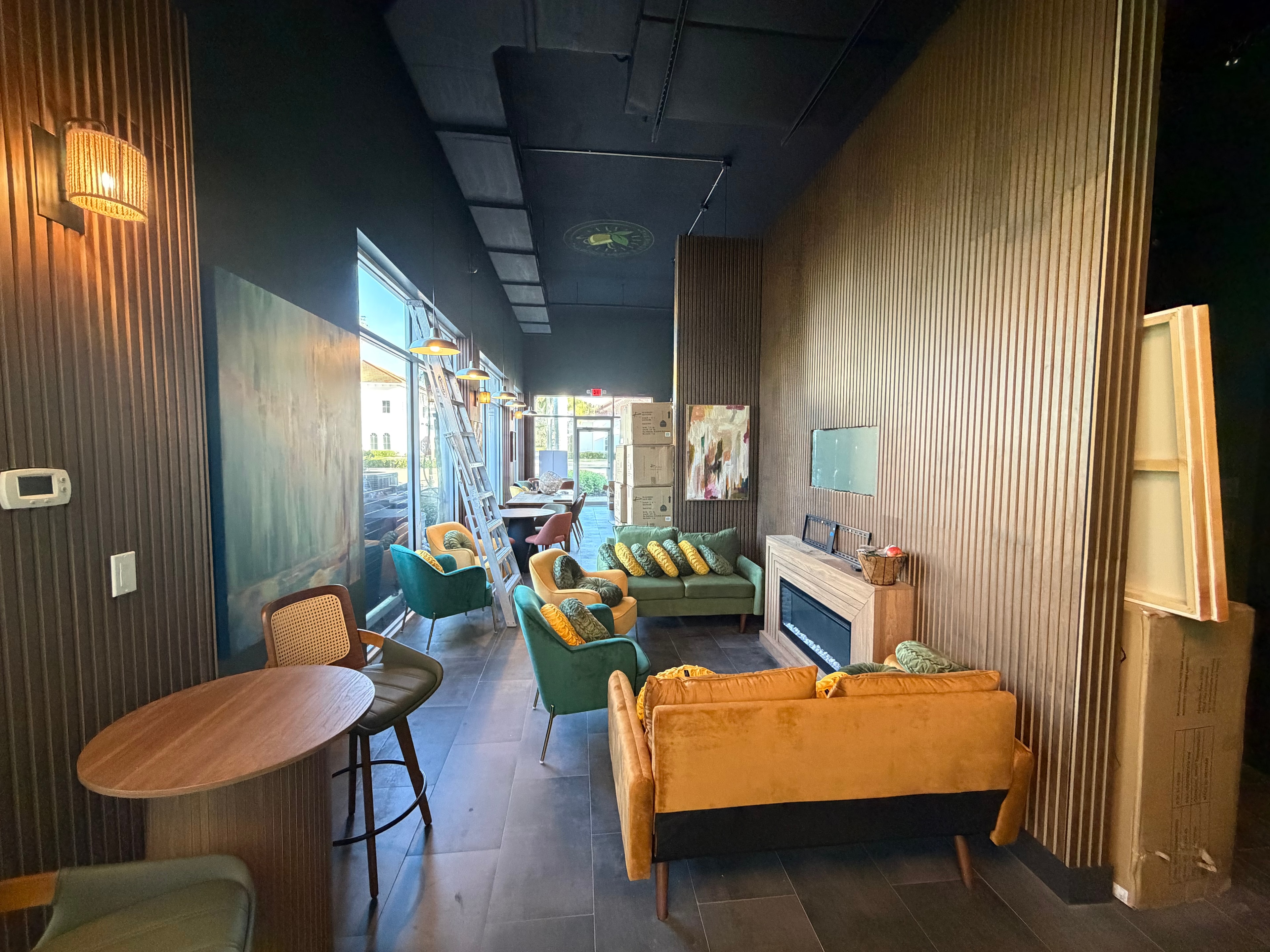 Coffee shop seating area with fireplace